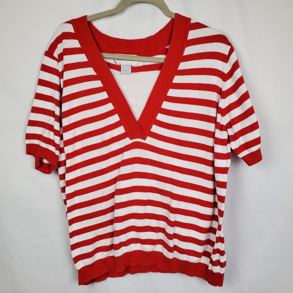 C.D. Daniels‎ Womens Short Sleeve Pullover Red White Striped Vneck Sweater Sz 1X